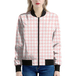 Pastel Pink And White Houndstooth Print Women's Bomber Jacket