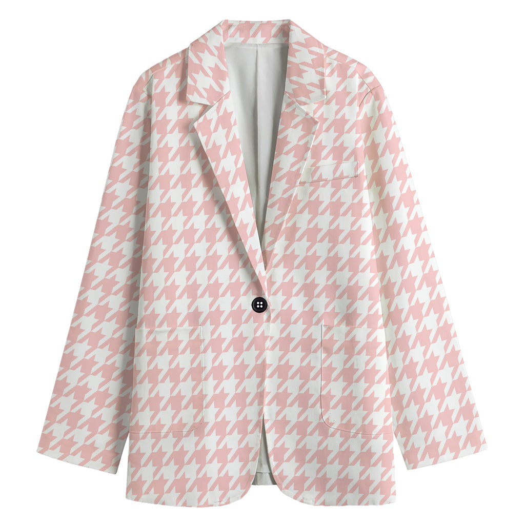 Pastel Pink And White Houndstooth Print Women's Cotton Blazer