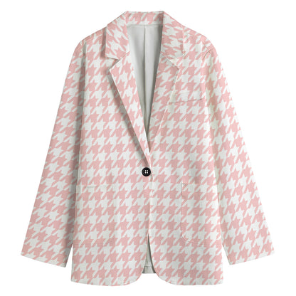 Pastel Pink And White Houndstooth Print Women's Cotton Blazer