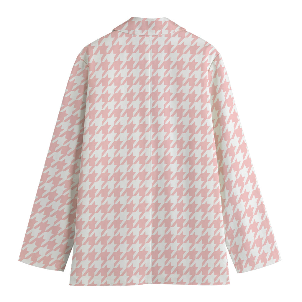 Pastel Pink And White Houndstooth Print Women's Cotton Blazer