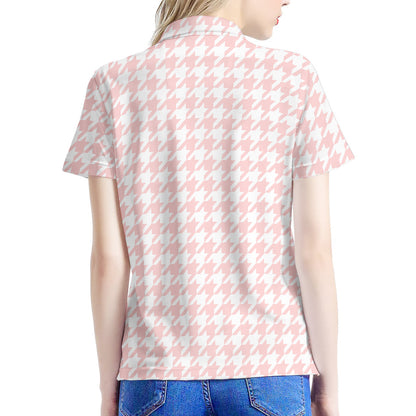 Pastel Pink And White Houndstooth Print Women's Polo Shirt