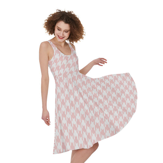 Pastel Pink And White Houndstooth Print Women's Sleeveless Dress