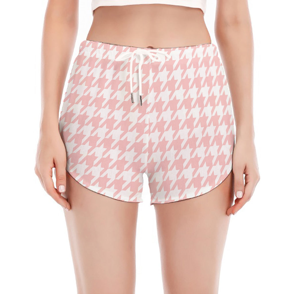 Pastel Pink And White Houndstooth Print Women's Split Running Shorts