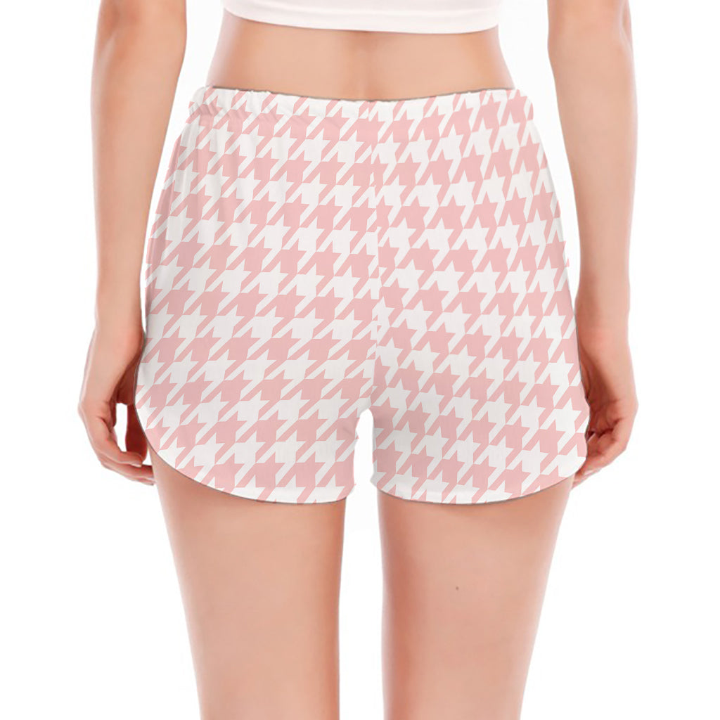 Pastel Pink And White Houndstooth Print Women's Split Running Shorts