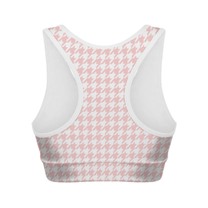 Pastel Pink And White Houndstooth Print Women's Sports Bra