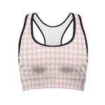 Pastel Pink And White Houndstooth Print Women's Sports Bra