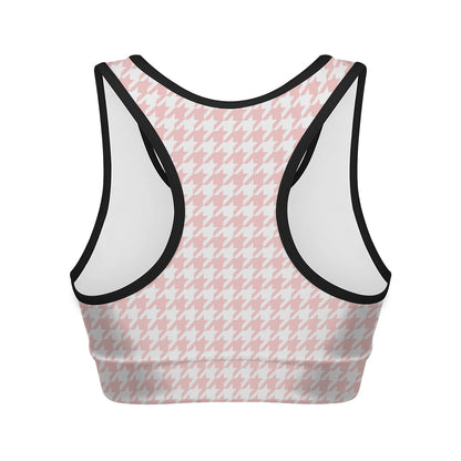 Pastel Pink And White Houndstooth Print Women's Sports Bra