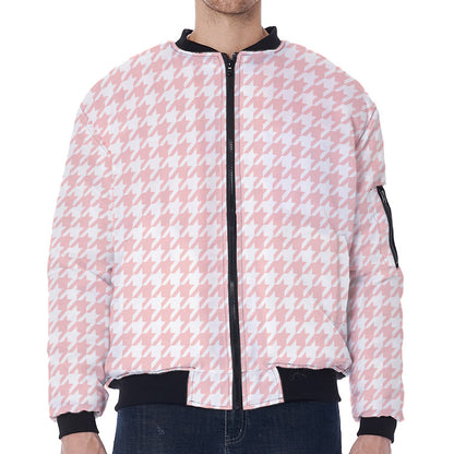 Pastel Pink And White Houndstooth Print Zip Sleeve Bomber Jacket