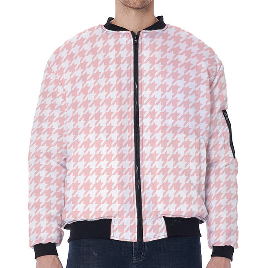 Pastel Pink And White Houndstooth Print Zip Sleeve Bomber Jacket