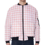 Pastel Pink And White Houndstooth Print Zip Sleeve Bomber Jacket