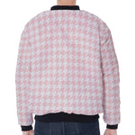 Pastel Pink And White Houndstooth Print Zip Sleeve Bomber Jacket