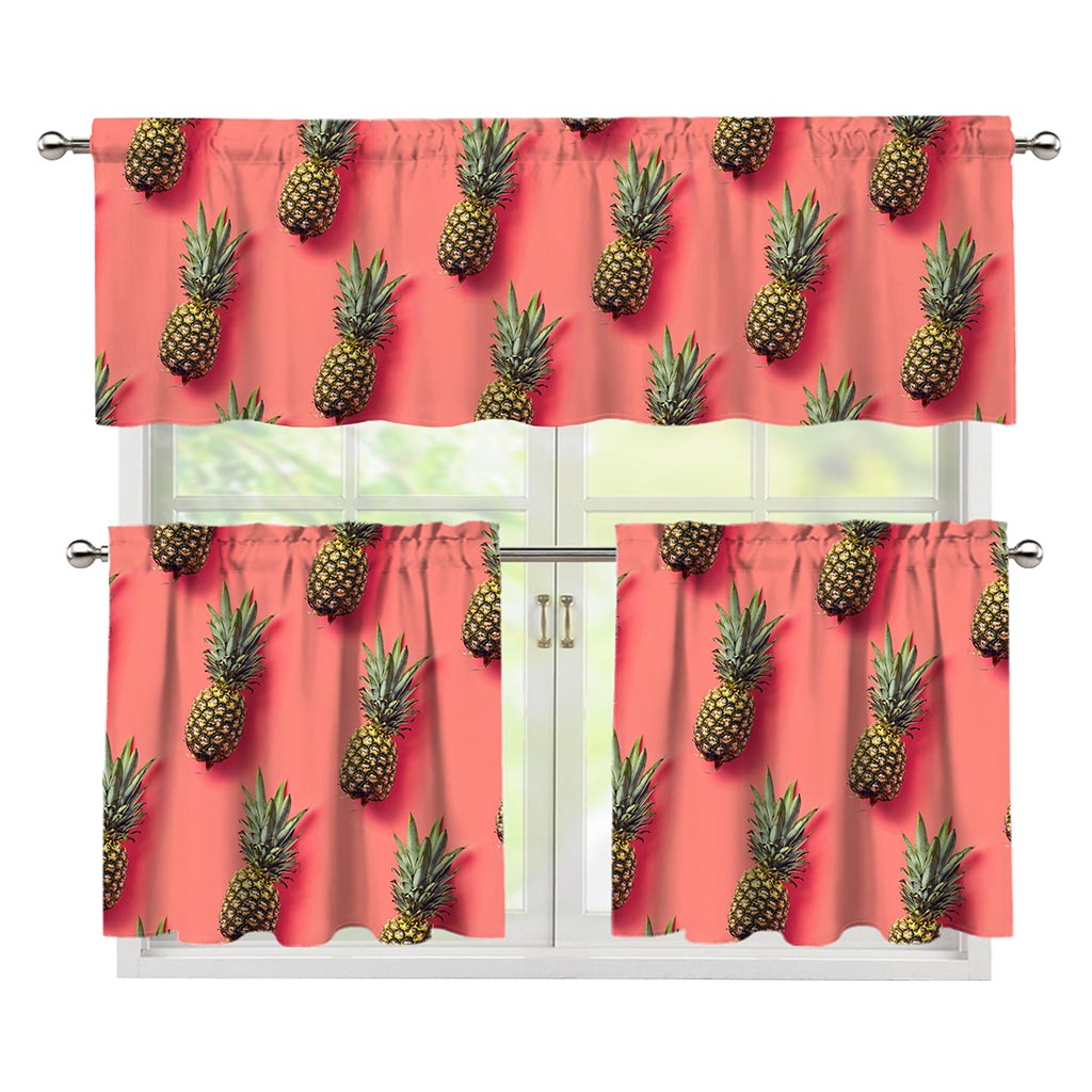 Pastel Pink Pineapple Pattern Print 3 Piece Kitchen Curtains