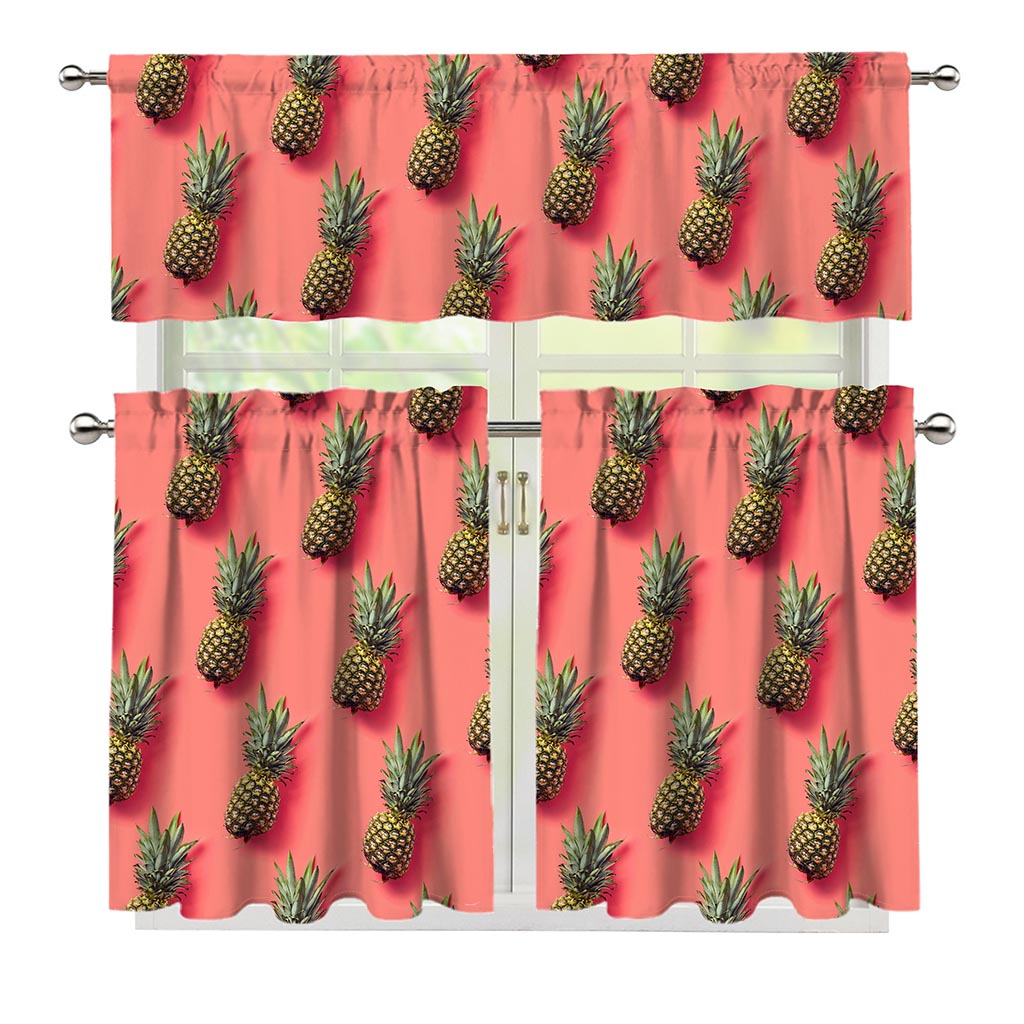 Pastel Pink Pineapple Pattern Print 3 Piece Kitchen Curtains