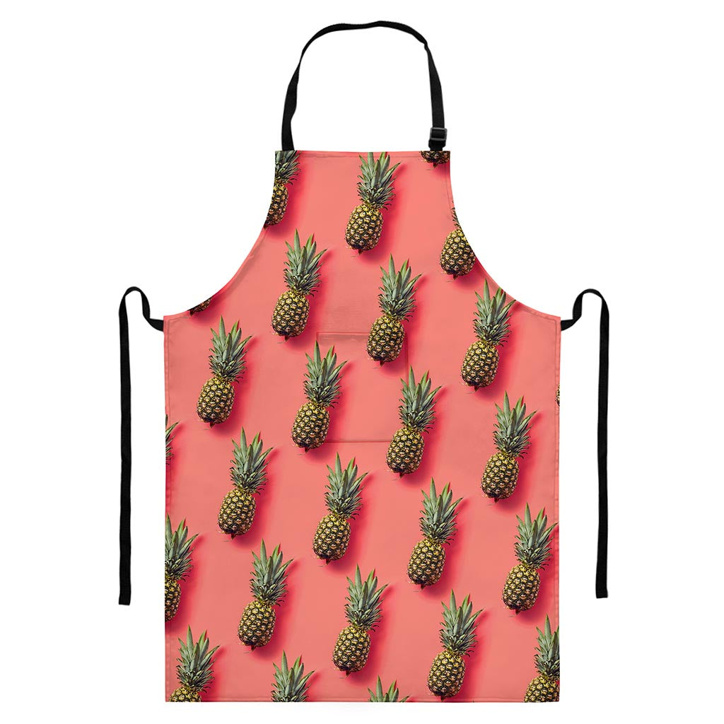 Pastel Pink Pineapple Pattern Print Bib Apron With Pocket