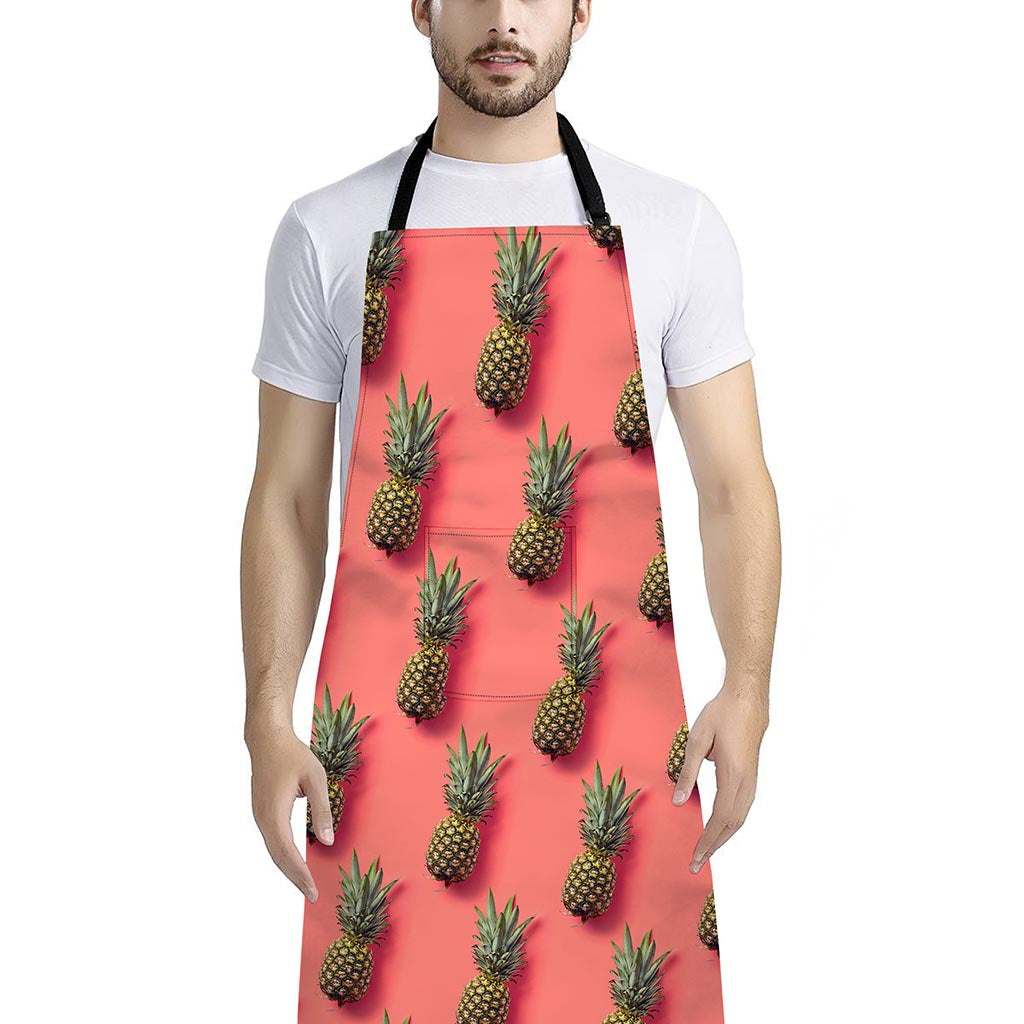 Pastel Pink Pineapple Pattern Print Bib Apron With Pocket