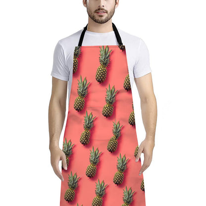 Pastel Pink Pineapple Pattern Print Bib Apron With Pocket