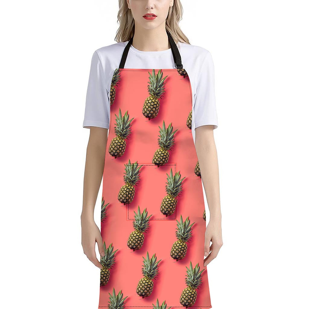Pastel Pink Pineapple Pattern Print Bib Apron With Pocket