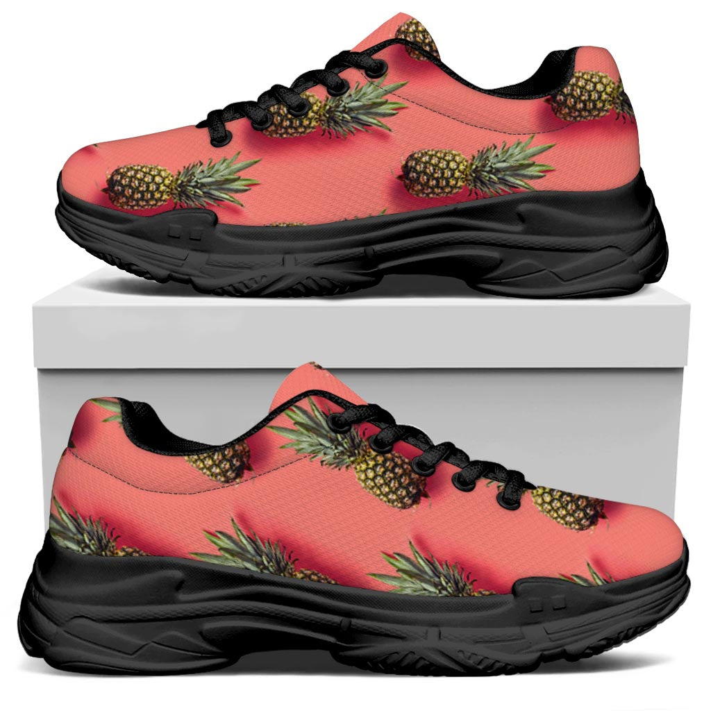 Pastel Pink Pineapple Pattern Print Black Chunky Shoes