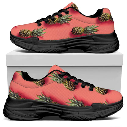 Pastel Pink Pineapple Pattern Print Black Chunky Shoes
