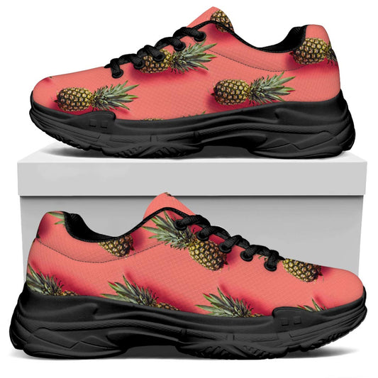 Pastel Pink Pineapple Pattern Print Black Chunky Shoes