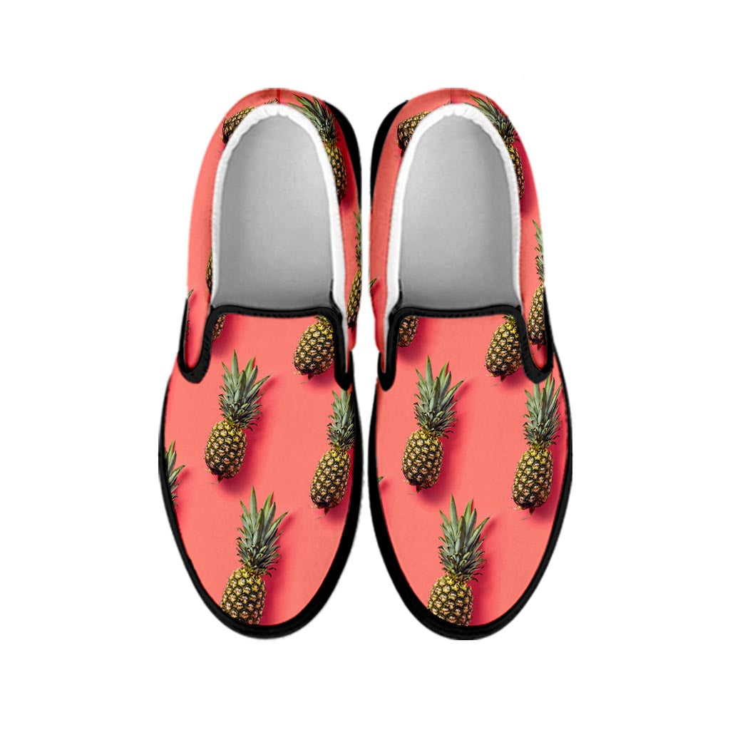 Pastel Pink Pineapple Pattern Print Black Slip On Sneakers