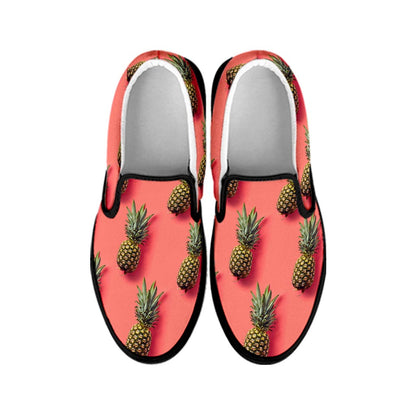 Pastel Pink Pineapple Pattern Print Black Slip On Sneakers