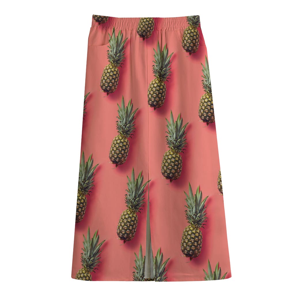 Pastel Pink Pineapple Pattern Print Cotton Front Slit Maxi Skirt