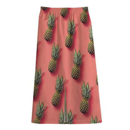 Pastel Pink Pineapple Pattern Print Cotton Front Slit Maxi Skirt