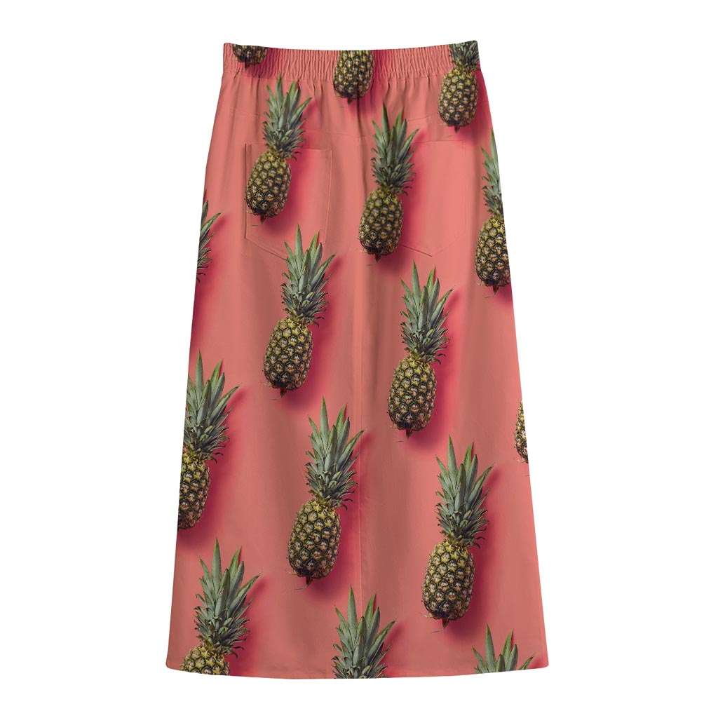 Pastel Pink Pineapple Pattern Print Cotton Front Slit Maxi Skirt