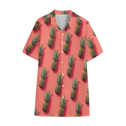 Pastel Pink Pineapple Pattern Print Cotton Hawaiian Shirt