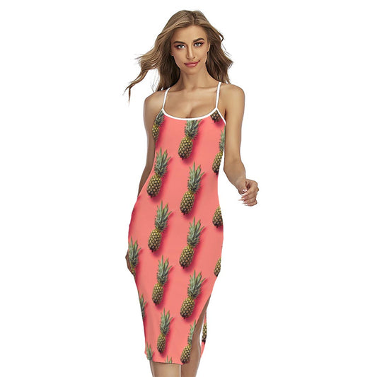 Pastel Pink Pineapple Pattern Print Cross Back Cami Dress