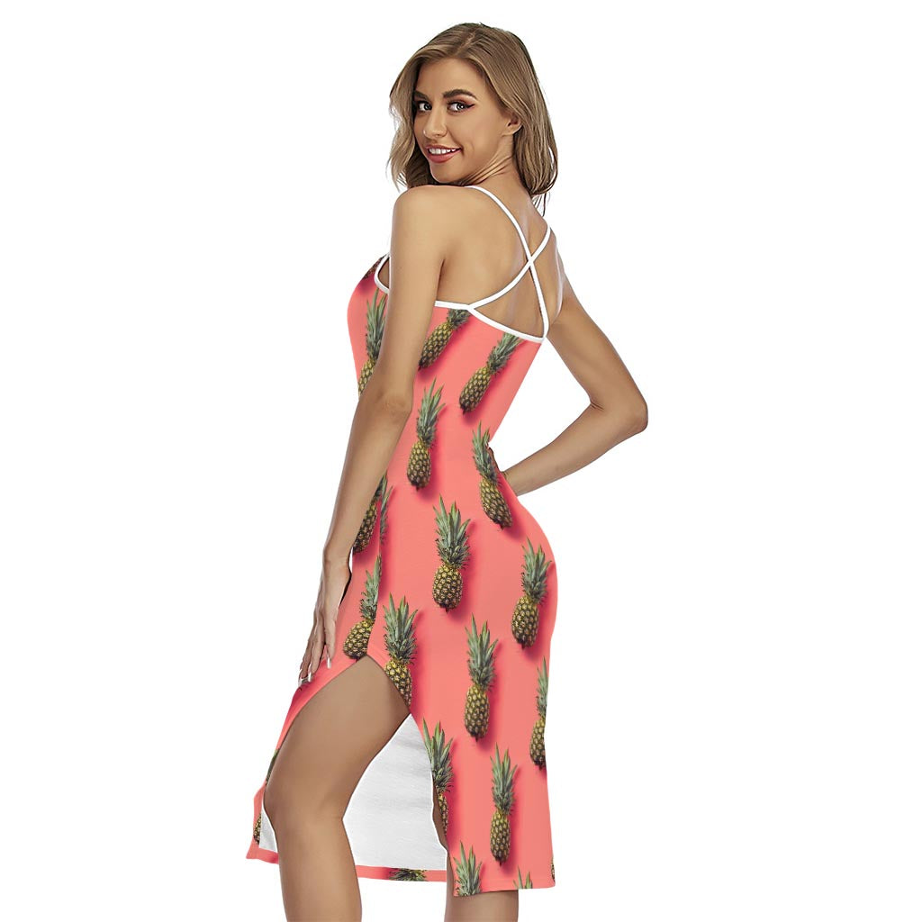 Pastel Pink Pineapple Pattern Print Cross Back Cami Dress
