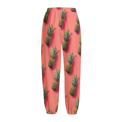 Pastel Pink Pineapple Pattern Print Fleece Lined Knit Pants