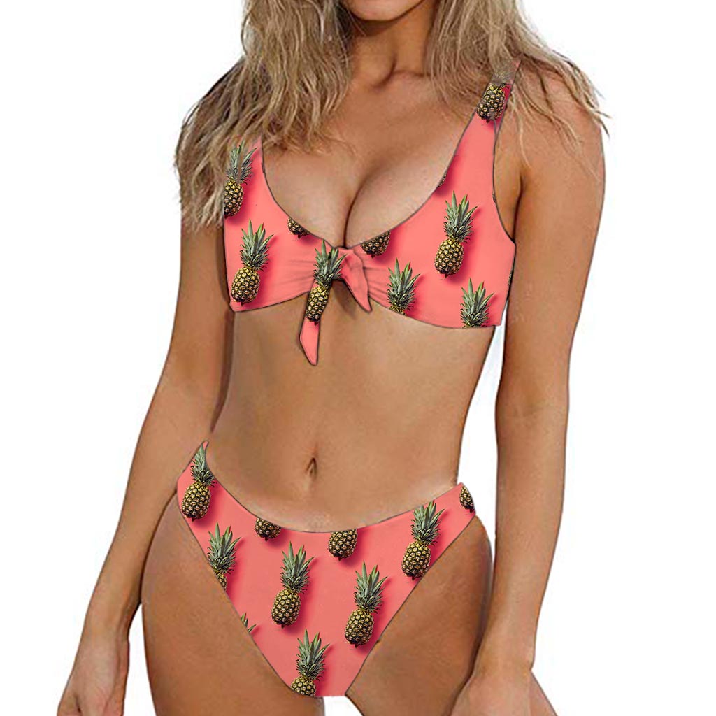 Pastel Pink Pineapple Pattern Print Front Bow Tie Bikini