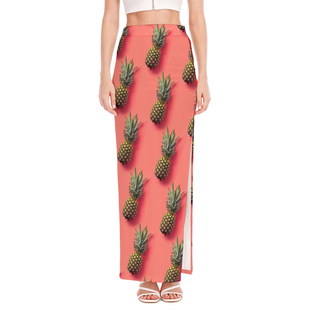 Pastel Pink Pineapple Pattern Print High Slit Maxi Skirt