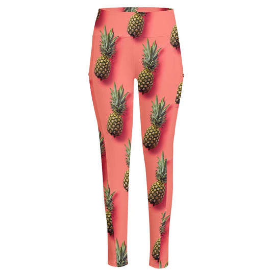 Pastel Pink Pineapple Pattern Print High-Waisted Pocket Leggings
