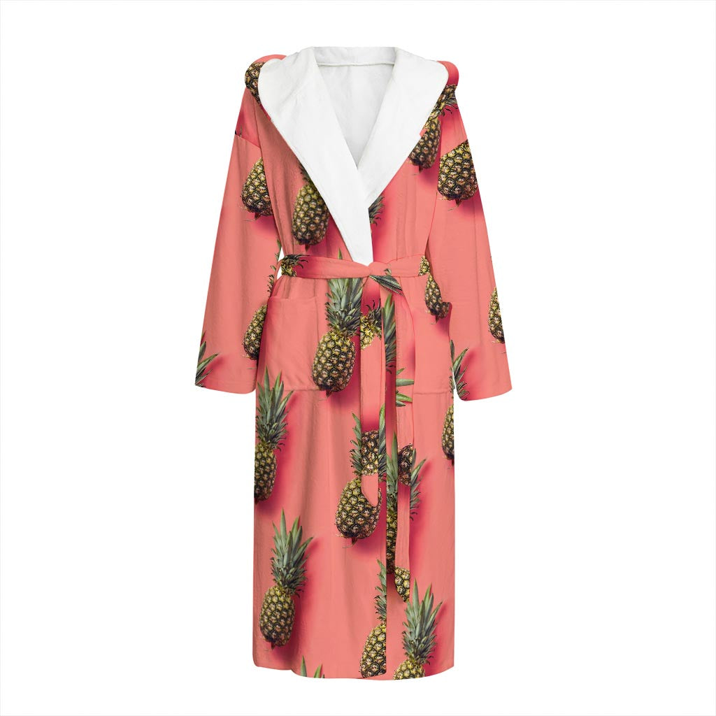Pastel Pink Pineapple Pattern Print Hooded Bathrobe
