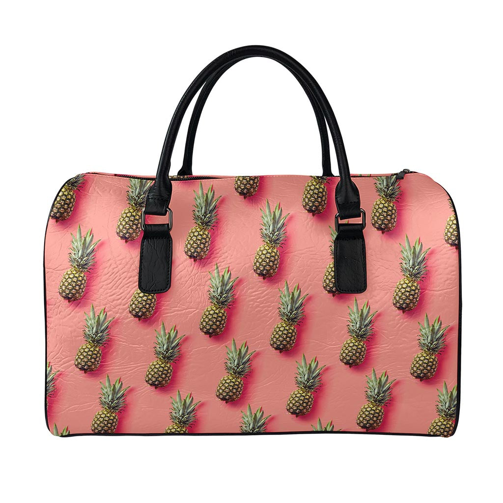 Pastel Pink Pineapple Pattern Print Leather Duffle Bag