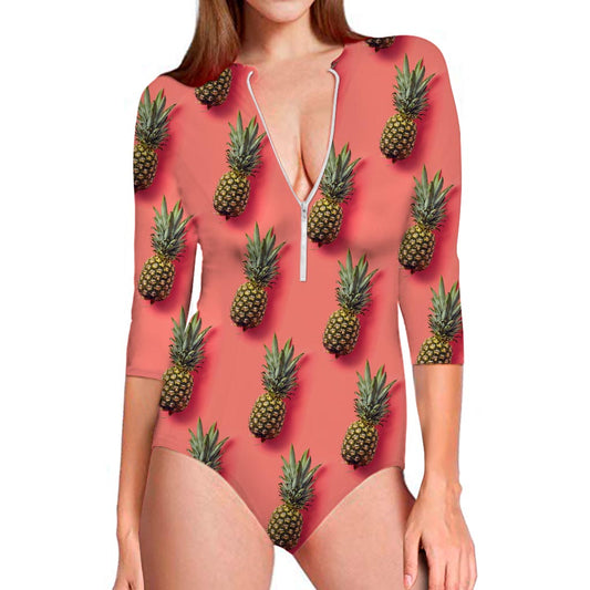 Pastel Pink Pineapple Pattern Print Long Sleeve Swimsuit