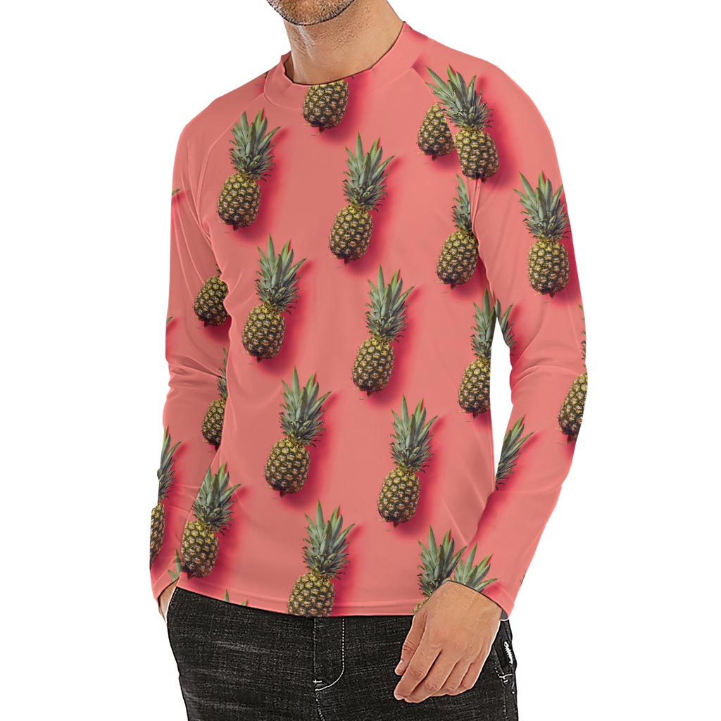 Pastel Pink Pineapple Pattern Print Men's Long Sleeve Rash Guard