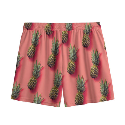 Pastel Pink Pineapple Pattern Print Mesh Shorts