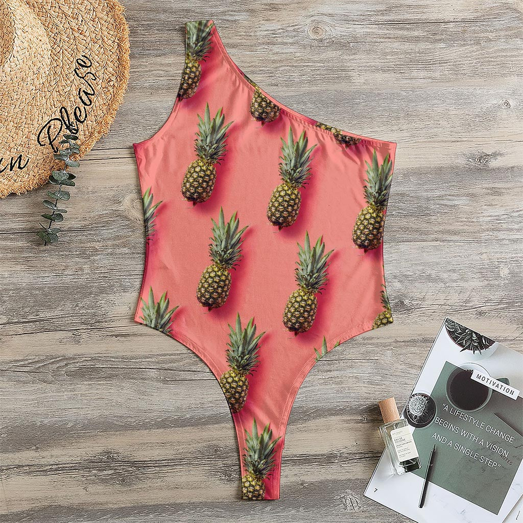 Pastel Pink Pineapple Pattern Print One Shoulder Bodysuit