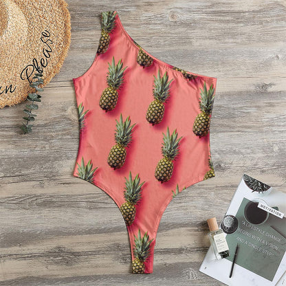 Pastel Pink Pineapple Pattern Print One Shoulder Bodysuit