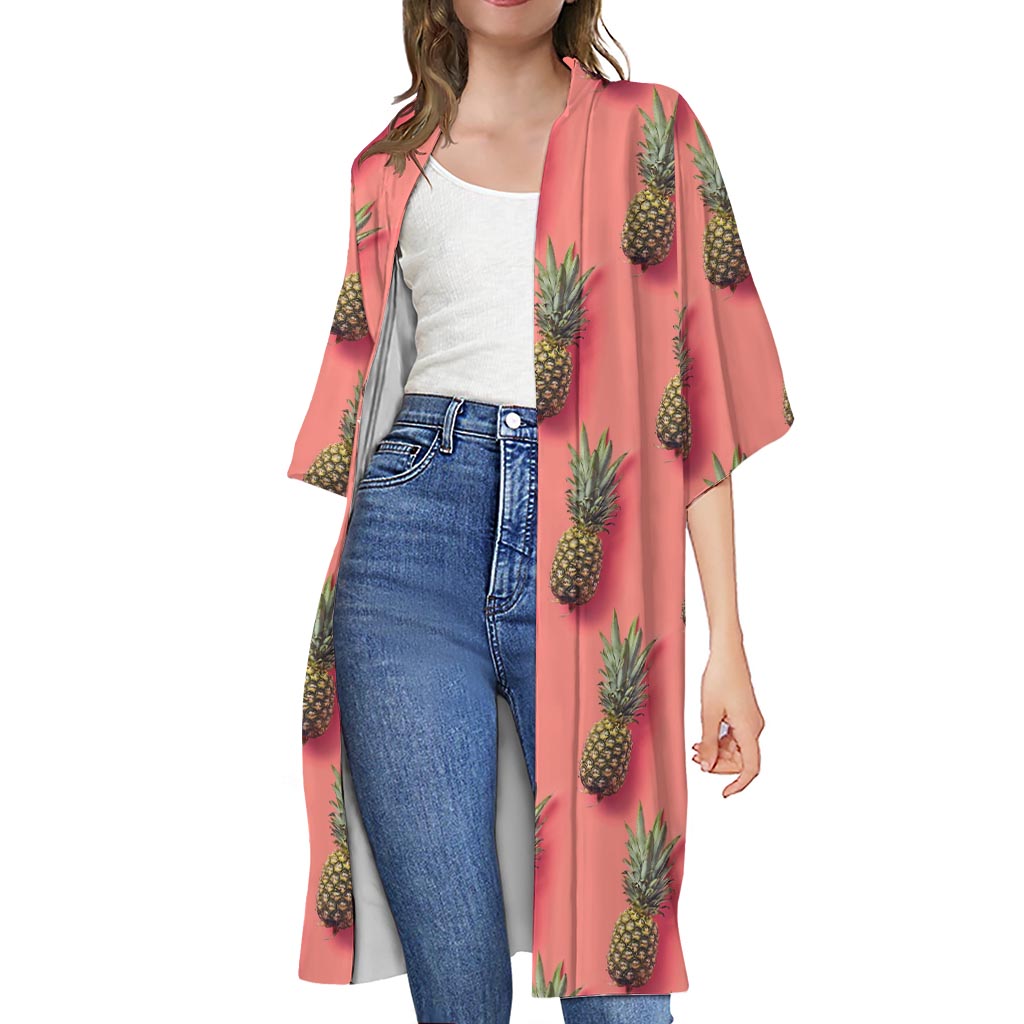 Pastel Pink Pineapple Pattern Print Open Front Beach Cover Up