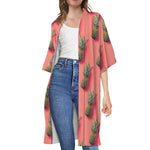 Pastel Pink Pineapple Pattern Print Open Front Beach Cover Up