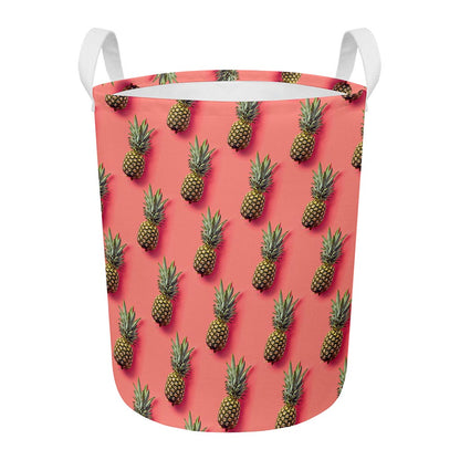 Pastel Pink Pineapple Pattern Print Round Laundry Basket