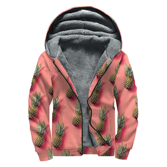 Pastel Pink Pineapple Pattern Print Sherpa Lined Zip Up Hoodie