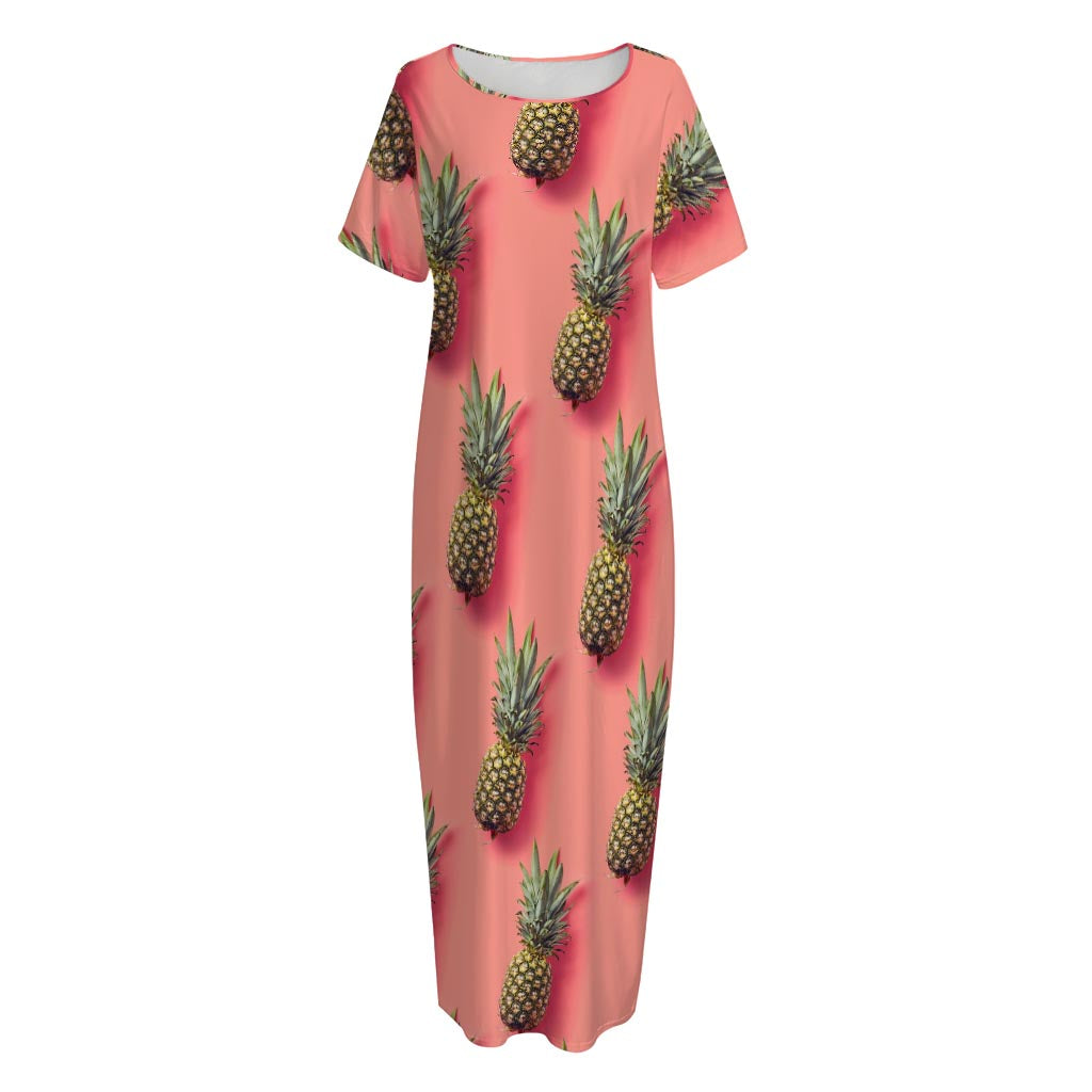 Pastel Pink Pineapple Pattern Print Short Sleeve Long Nightdress