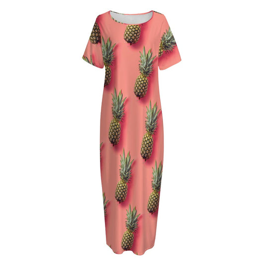 Pastel Pink Pineapple Pattern Print Short Sleeve Long Nightdress