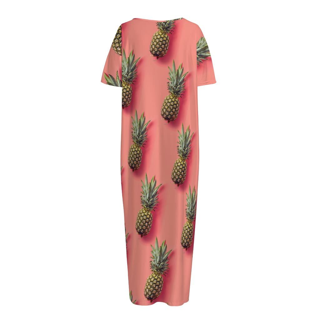 Pastel Pink Pineapple Pattern Print Short Sleeve Long Nightdress